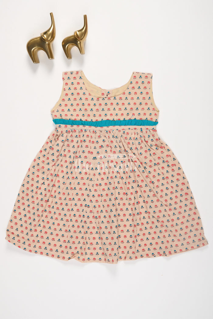 The Nesavu Baby Cotton Frocks Chicco Base Cotton Baby Frock with Mughal Motif Buttis and Pleats Nesavu 10 (NB) / Beige BFJ614B-10 Chicco Base Cotton Baby Frock with Mughal Motif Buttis and Pleats Nesavu