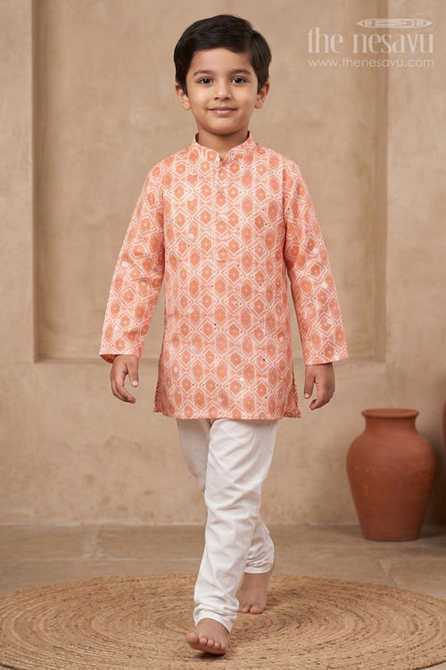 The Nesavu Boys Kurtha Set Citrus Charm: Mirror-Embroidered Geometric Printed Orange Kurta Shirt & Pant Set for Boys Nesavu 14 (6M) / Orange / Silk Blend BES400A-14 Premium Boys Kurta with Pant Collections | The Nesavu