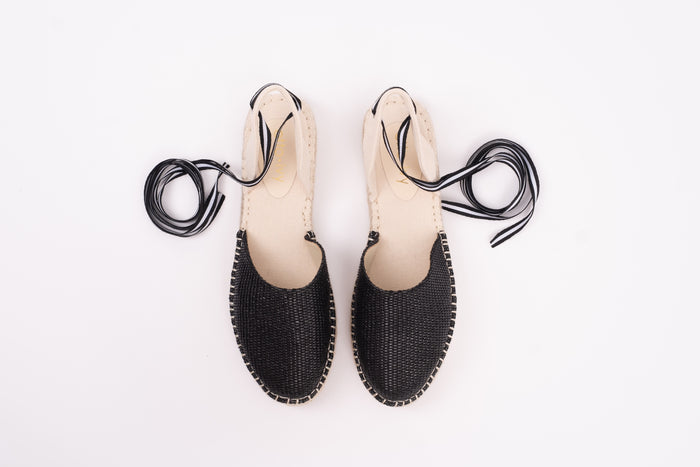 Aerial view of womens espadrille Clara in black. Available in larger sizes UK 8-12