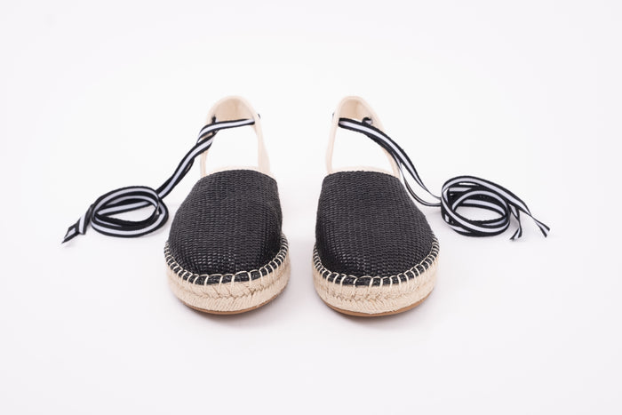 Front view of womens Espadrille shoe Clara in Black. Tie-up summer shoe available in large sizes European 42-46