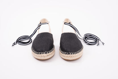 Front view of womens Espadrille shoe Clara in Black. Tie-up summer shoe available in large sizes European 42-46