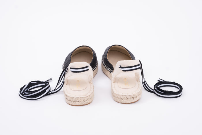 Back view of Clara Espadrille in Black. Tie-up womens summer shoe available in larger sizes 42-46