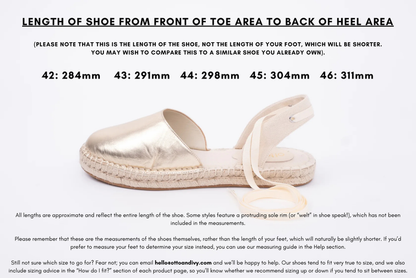 Measurement diagram displaying lengths of womens large size shoes in sizes 42,43,44,45 and 46.