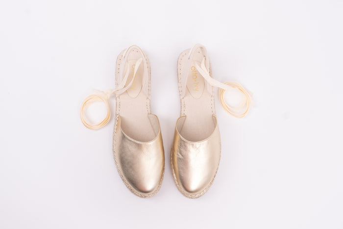 Aerial view of Clara Espadrille shoe in Gold. Tie up womens shoe available in larger sizes 8-12