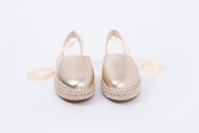 Front view of Clara Espadrille shoe in Gold. Stylish womens footwear available in larger sizes UK 8-12