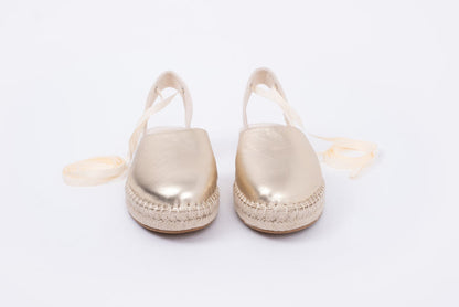 Front view of Clara Espadrille shoe in Gold. Stylish womens footwear available in larger sizes UK 8-12