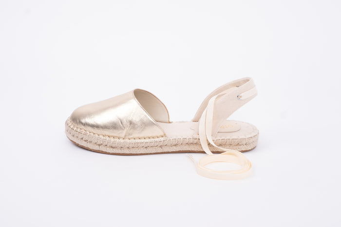 Side profile of Gold Clara Espadrille. Womens shoes available in larger sizes UK 8-12