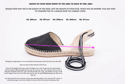 length diagram displaying measurements of womens espadrille in larger sizes 8 9 10 11 12
