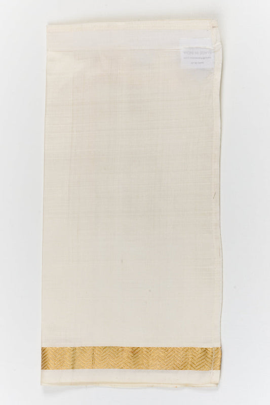 The Nesavu Boys Vesti Classic Boys Vesti for Temple Visits and Cultural Ceremonies Nesavu 14 (6M) / White / Silk D056B-14 Nesavu boys classic silk vesti with chevron zari border – perfect for temple visits and rituals