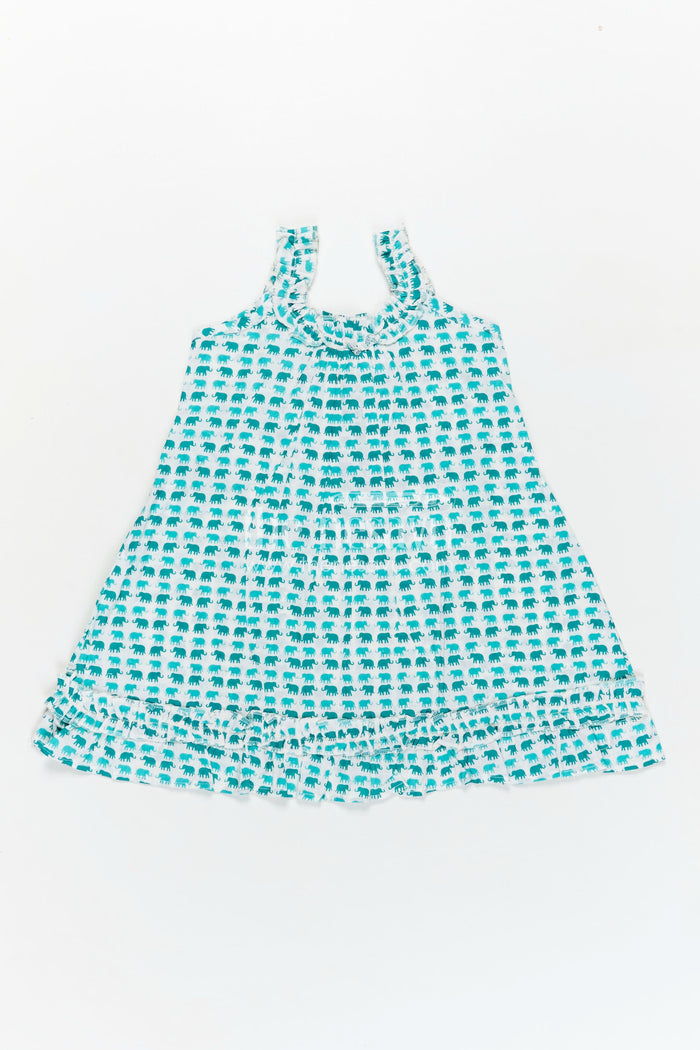 The Nesavu Girls Cotton Frock Comfortable Cotton Frock for Kids with Hand Block Leafy Print and Ruffled Finish in Soothing Green Nesavu 18 (2Y) / Blue GFC1795B-18 Nesavu Comfortable Cotton Frock Kids Green Hand Block Leaf Print Light Ruffle Design