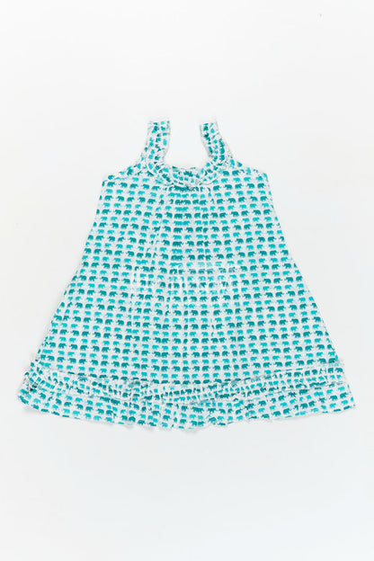 The Nesavu Girls Cotton Frock Comfortable Cotton Frock for Kids with Hand Block Leafy Print and Ruffled Finish in Soothing Green Nesavu 18 (2Y) / Blue GFC1795B-18 Nesavu Comfortable Cotton Frock Kids Green Hand Block Leaf Print Light Ruffle Design