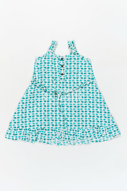 The Nesavu Girls Cotton Frock Comfortable Cotton Frock for Kids with Hand Block Leafy Print and Ruffled Finish in Soothing Green Nesavu Nesavu Comfortable Cotton Frock Kids Green Hand Block Leaf Print Light Ruffle Design