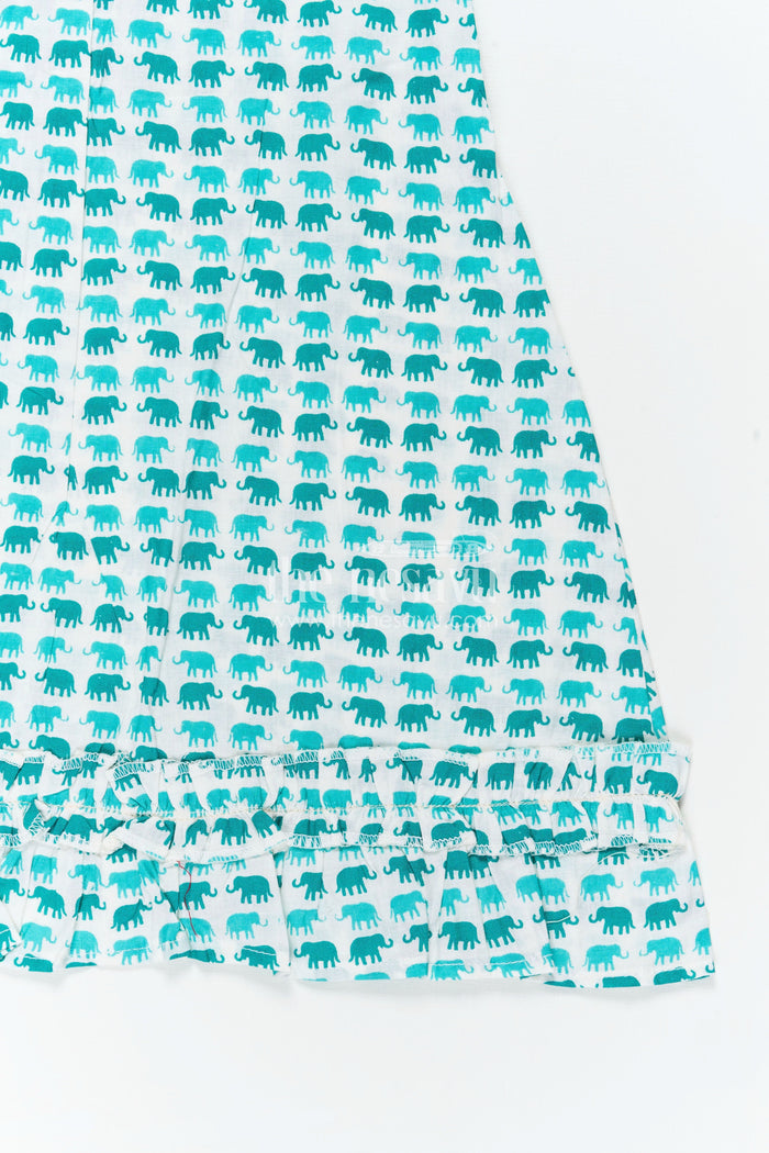 The Nesavu Girls Cotton Frock Comfortable Cotton Frock for Kids with Hand Block Leafy Print and Ruffled Finish in Soothing Green Nesavu Nesavu Comfortable Cotton Frock Kids Green Hand Block Leaf Print Light Ruffle Design