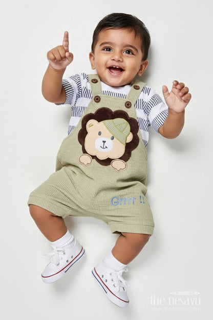 The Nesavu Baby Dungarees Cotton Baby Dungaree Set with Animal Embroidery for Playful Dressing Nesavu 14 (6M) / Green BCS519B-14 Nesavu baby dungaree set bear embroidery striped tee  made comfort daily cuteness