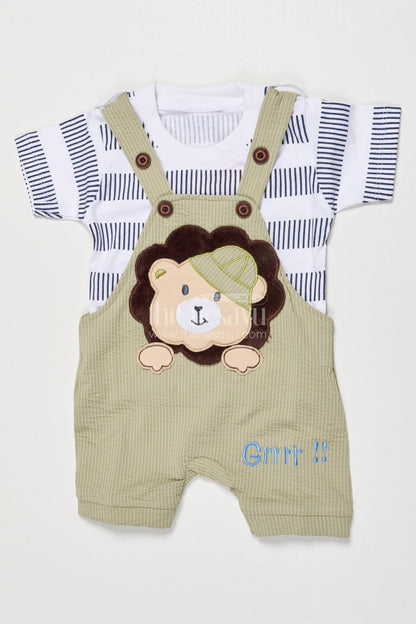 The Nesavu Baby Dungarees Cotton Baby Dungaree Set with Animal Embroidery for Playful Dressing Nesavu 14 (6M) / Green BCS519B-14 Nesavu baby dungaree set bear embroidery striped tee  made comfort daily cuteness