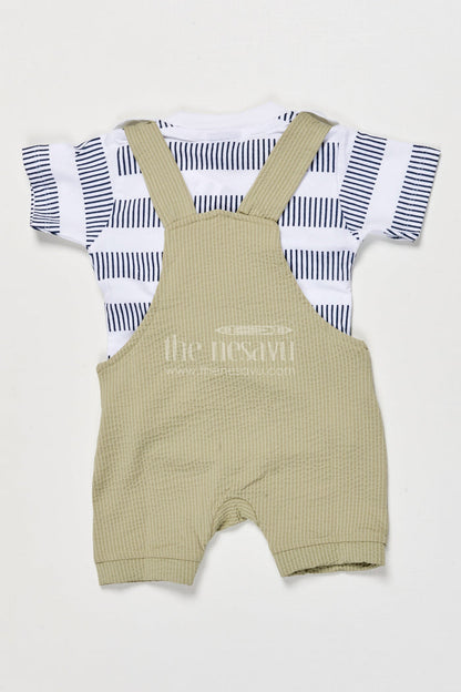 The Nesavu Baby Dungarees Cotton Baby Dungaree Set with Animal Embroidery for Playful Dressing Nesavu Nesavu baby dungaree set bear embroidery striped tee  made comfort daily cuteness