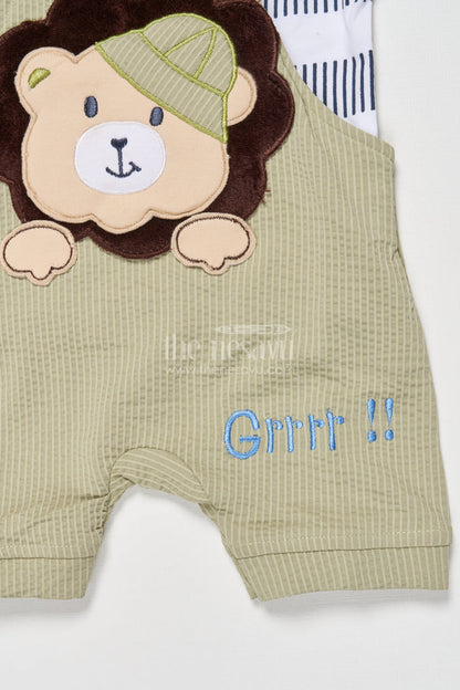 The Nesavu Baby Dungarees Cotton Baby Dungaree Set with Animal Embroidery for Playful Dressing Nesavu Nesavu baby dungaree set bear embroidery striped tee  made comfort daily cuteness