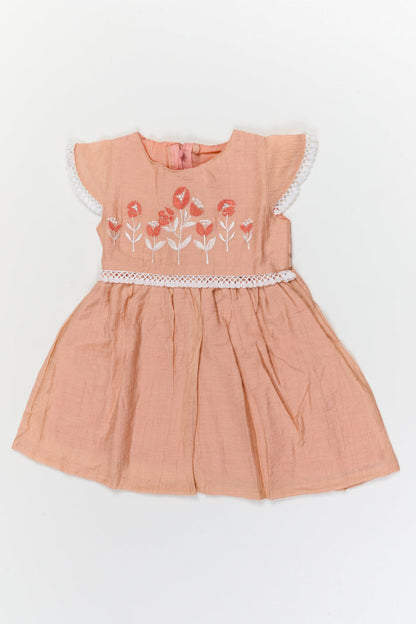 The Nesavu Girls Cotton Frock Cotton-blend Embroidered Frock with Flutter Sleeves and Floral Yoke Nesavu 20 (3Y) / Beige / Cotton Blend GFC2116A-20 Nesavu cotton blend embroidered frock for festive and casual occasions