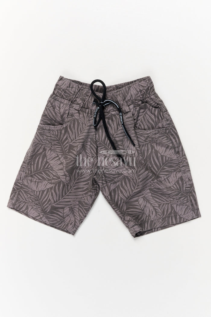 The Nesavu Boys Shorts Cotton Boys Shorts with All-over Tropical Leaf Print and Relaxed Fit Nesavu 14 (6M) / Gray / Cotton BWS067B-14 Boys casual printed shorts with leaf design and drawstring waist