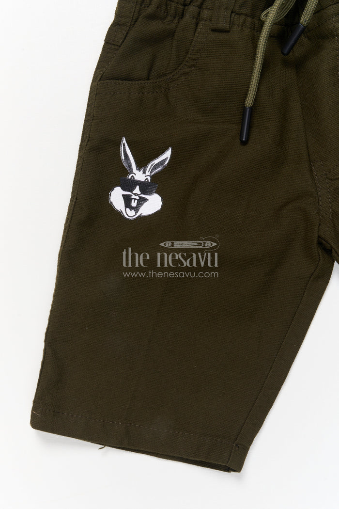 The Nesavu Boys Shorts Cotton Boys Shorts with Cartoon Print and Bold Text Design Nesavu Boys cotton shorts with rabbit print, elastic waist, and side pockets