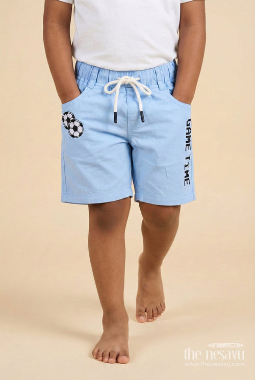 The Nesavu Boys Shorts Cotton Boys Shorts with Game Time Print and Football Patch Nesavu 14 (6M) / Blue / Cotton BWS068D-14 Sporty cotton boys shorts with football patch and GAME TIME print