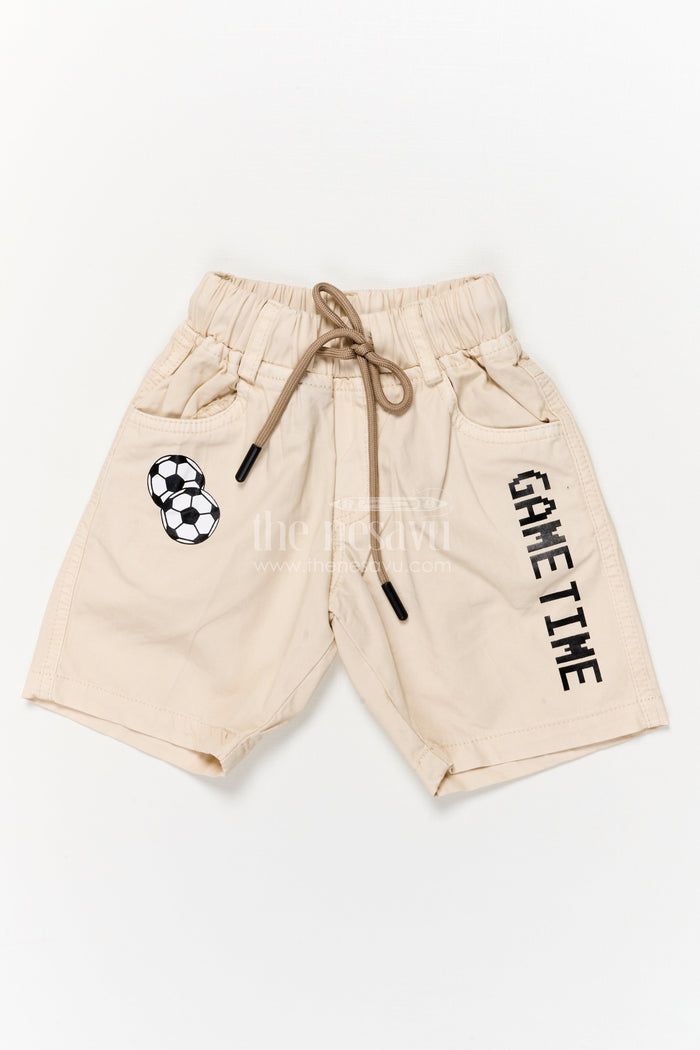 The Nesavu Boys Shorts Cotton Boys Shorts with Sporty Football Patch and Game Time Print Nesavu 14 (6M) / Cream / Cotton BWS068A-14 Boys cotton shorts with football patch and GAME TIME text for sporty kids