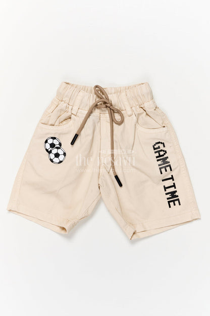 The Nesavu Boys Shorts Cotton Boys Shorts with Sporty Football Patch and Game Time Print Nesavu 14 (6M) / Cream / Cotton BWS068A-14 Boys cotton shorts with football patch and GAME TIME text for sporty kids