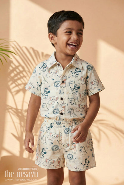 The Nesavu Boys Casual Set Cotton Casual Set for Toddler Boys with Jungle Animal Print Nesavu 16 (1Y) / Multicolor BCS546A-16 Nesavu toddler boys cotton casual wear set with jungle animal digital print for daily use