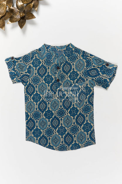 The Nesavu Boys Cotton Shirt Cotton Casual Shirt for Boys with All-over Digital Ethnic Print Nesavu 20 (3Y) / Blue BS380B-20 Nesavu boys cotton ethnic printed shirt – festive-ready traditional shirt for school and casual use