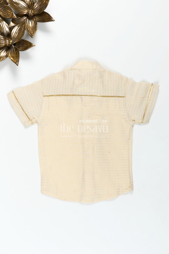 The Nesavu Boys Silk Shirt Cotton Festive Shirt for Boys in Gold Silk Blend with Mandarin Collar and Subtle Pattern Detail Nesavu Nesavu Boys Cotton Festive Shirt Silk Blend Mandarin Collar Subtle Woven Design