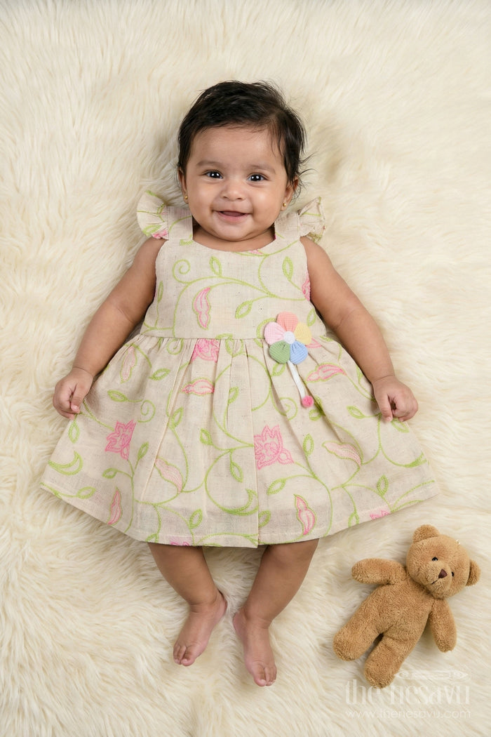 The Nesavu Baby Cotton Frocks Cotton Frock for Baby Girl’s Everyday Comfort and Casual Outings Nesavu 14 (6M) / Green / Cotton Blend BFJ909A-14 Nesavu baby cotton frock with floral thread embroidery and frilled straps for daily comfort