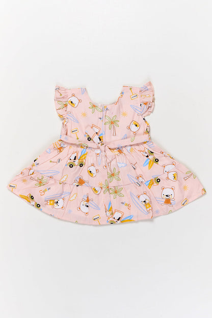 The Nesavu Baby Cotton Frocks Cotton Frock for Baby Girls with Surfer Bear Print and Bow for Summer Playdates Nesavu Nesavu cotton frock for baby girls with surfer bear digital print and frill sleeves for summer play