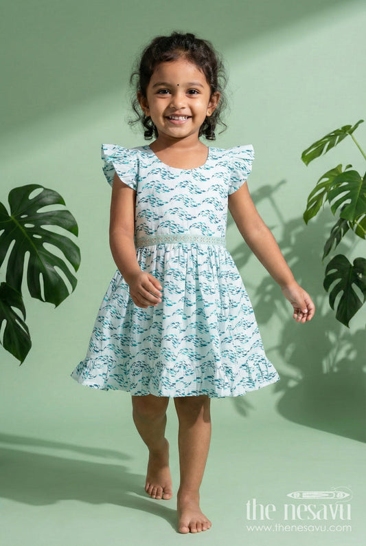 The Nesavu Girls Cotton Frock Cotton Frock for Girls for Summer Outings and Casual Play Nesavu 18 (2Y) / Cream / Cotton GFC2069A-18 Nesavu cotton frock for girls with printed design and ruffle sleeves for summer outings