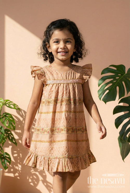The Nesavu Girls Cotton Frock Cotton Frock for Toddler Girls for Casual Celebrations and Family Get-togethers Nesavu 18 (2Y) / Brown / Modal GFC2082B-18 Nesavu cotton frock with traditional print and lace for toddler girls' festive casual wear