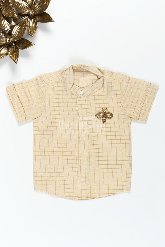 The Nesavu Boys Silk Shirt Cream Colour Shirt Boys with Gold Embroidered Bee Motif and Subtle Check Pattern in Silk Blend Fabric Nesavu 16 (1Y) / Cream BS296A-16 Nesavu Cream Colour Shirt Boys Gold Check Pattern Embroidered Bee Motif Silk Blend