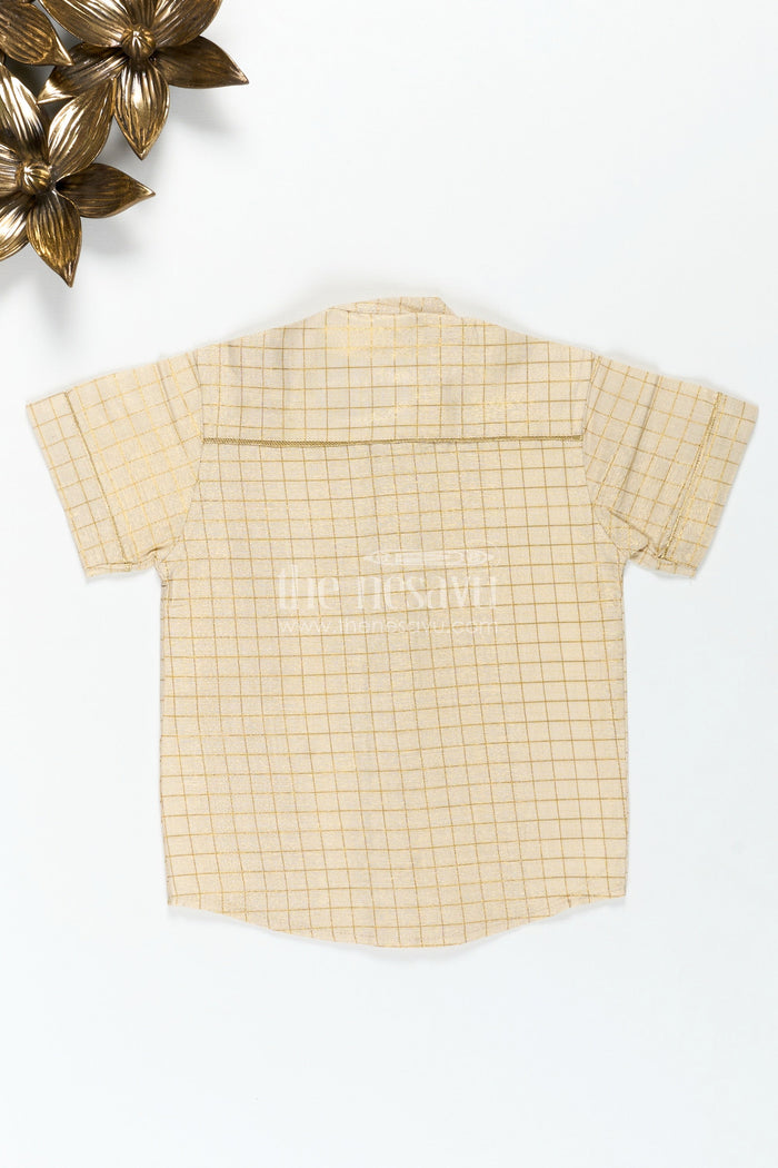 The Nesavu Boys Silk Shirt Cream Colour Shirt Boys with Gold Embroidered Bee Motif and Subtle Check Pattern in Silk Blend Fabric Nesavu Nesavu Cream Colour Shirt Boys Gold Check Pattern Embroidered Bee Motif Silk Blend