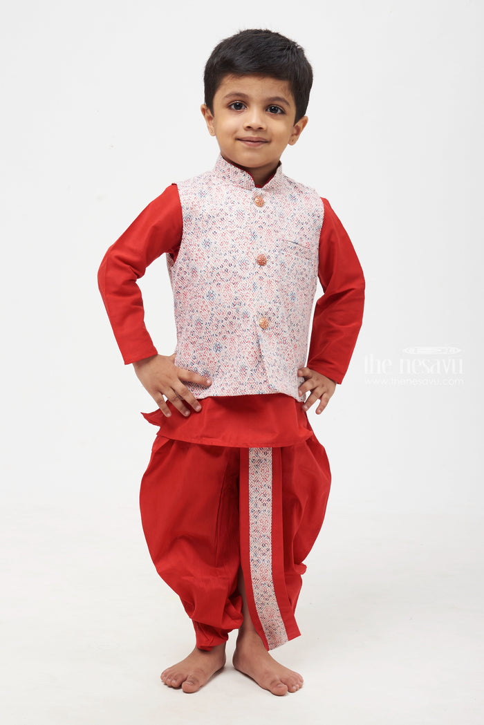 The Nesavu Boys Jacket Sets Crimson Craftsmanship: Resham Jacket Highlight with Red Kurta & Panchagajam Set for Boys Nesavu Elegant Boys Ethnic Wear | Comfortable Boys Kurta Dhoti Set | The Nesavu