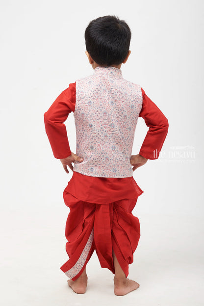 The Nesavu Boys Jacket Sets Crimson Craftsmanship: Resham Jacket Highlight with Red Kurta & Panchagajam Set for Boys Nesavu Elegant Boys Ethnic Wear | Comfortable Boys Kurta Dhoti Set | The Nesavu