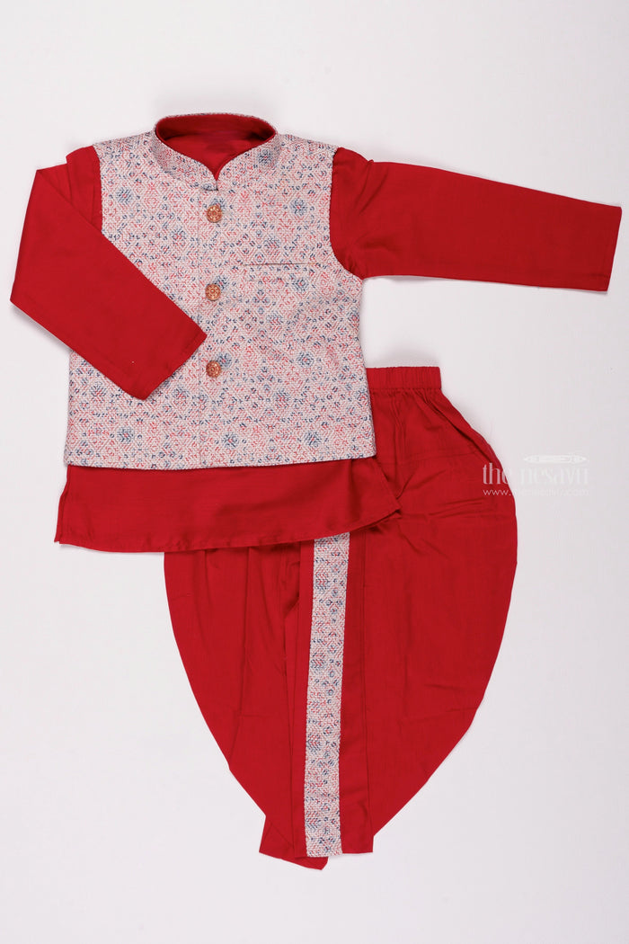 The Nesavu Boys Jacket Sets Crimson Craftsmanship: Resham Jacket Highlight with Red Kurta & Panchagajam Set for Boys Nesavu 12 (3M) / Red / Silk Blend BES380A-12 Elegant Boys Ethnic Wear | Comfortable Boys Kurta Dhoti Set | The Nesavu
