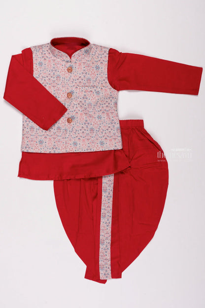 The Nesavu Boys Jacket Sets Crimson Craftsmanship: Resham Jacket Highlight with Red Kurta & Panchagajam Set for Boys Nesavu 12 (3M) / Red / Silk Blend BES380A-12 Elegant Boys Ethnic Wear | Comfortable Boys Kurta Dhoti Set | The Nesavu