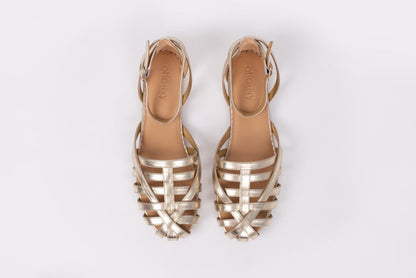 Aerial view of Daisy Sandal in gold. Womens footwear available in UK sizes 8-12