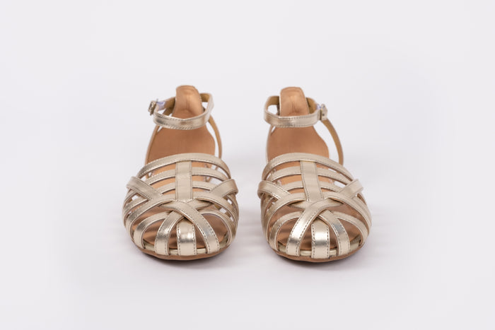Front view of womens sandal Daisy in Gold. Available in UK sizes 8-12