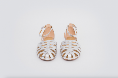 Front veiw of Daisy sandal in silver. Womens footwear available in larger sizes 42-46. Standard and wide fit.