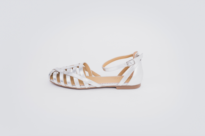 Side profile of womens sandal Daisy in Silver. Available in large sizes 42-46, standard and wide fit.