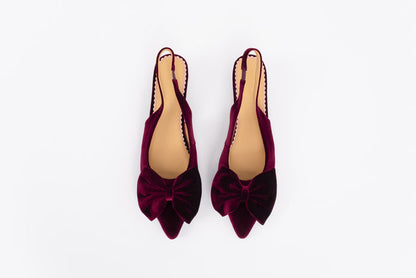 Aerial shot of womens berry velvet bow slingback kitten heeled shoes available in UK sizes 8 9 10 11 12