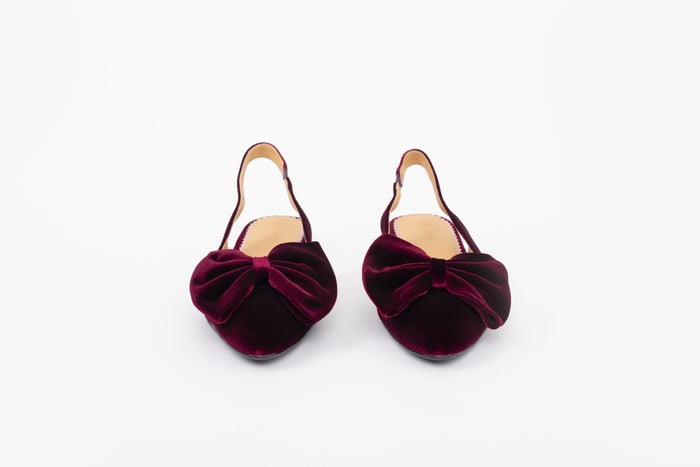 Front shot of womens berry velvet bow slingback flat shoe available in larger sizes 42 43 44 45 46