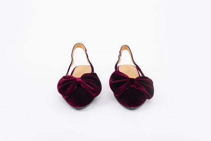 Front shot of womens berry velvet bow slingback flat shoe available in larger sizes 42 43 44 45 46