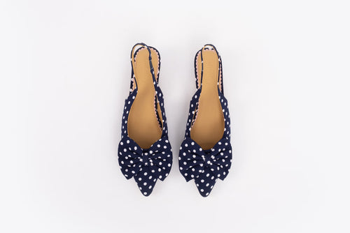 Aerial shot of womens navy polka dot bow slingback kitten teen in larger sizes 8-12