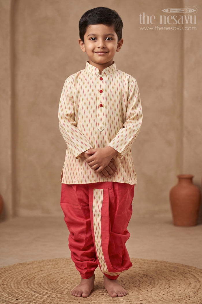 The Nesavu Boys Dothi Set Desert Mirage: Beige Ikat Printed Kurta & Harmonious Dhoti Ensemble for Boys Nesavu 12 (3M) / Beige / Muslin Silk BES381A-12 Ethnic Kids Clothing Online | The Nesavu