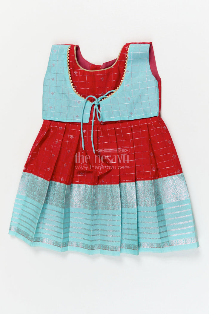 The Nesavu Girls Kanchi Silk Frock Designer Silk Frock for Toddler Girls Inspired by Kanchivaram Saree Patterns Nesavu 10 (NB) / Red / style 3 KSF011BC-10 Nesavu toddler girl designer silk frock with Kanchivaram inspired zari borders and chevron yoke